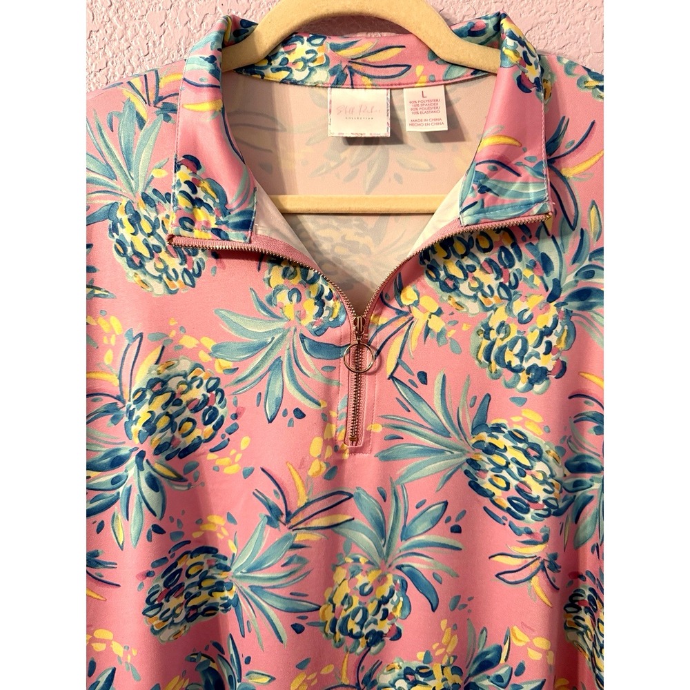 Stella Parker UPF 1/4 Zip Polo Top Size L Pineapple Tropical Preppy Golf Tennis